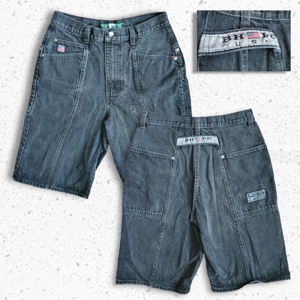 VTG Early Y2k Beverley Hills Polo Club Long Faded Black Denim  Shorts Sz 34